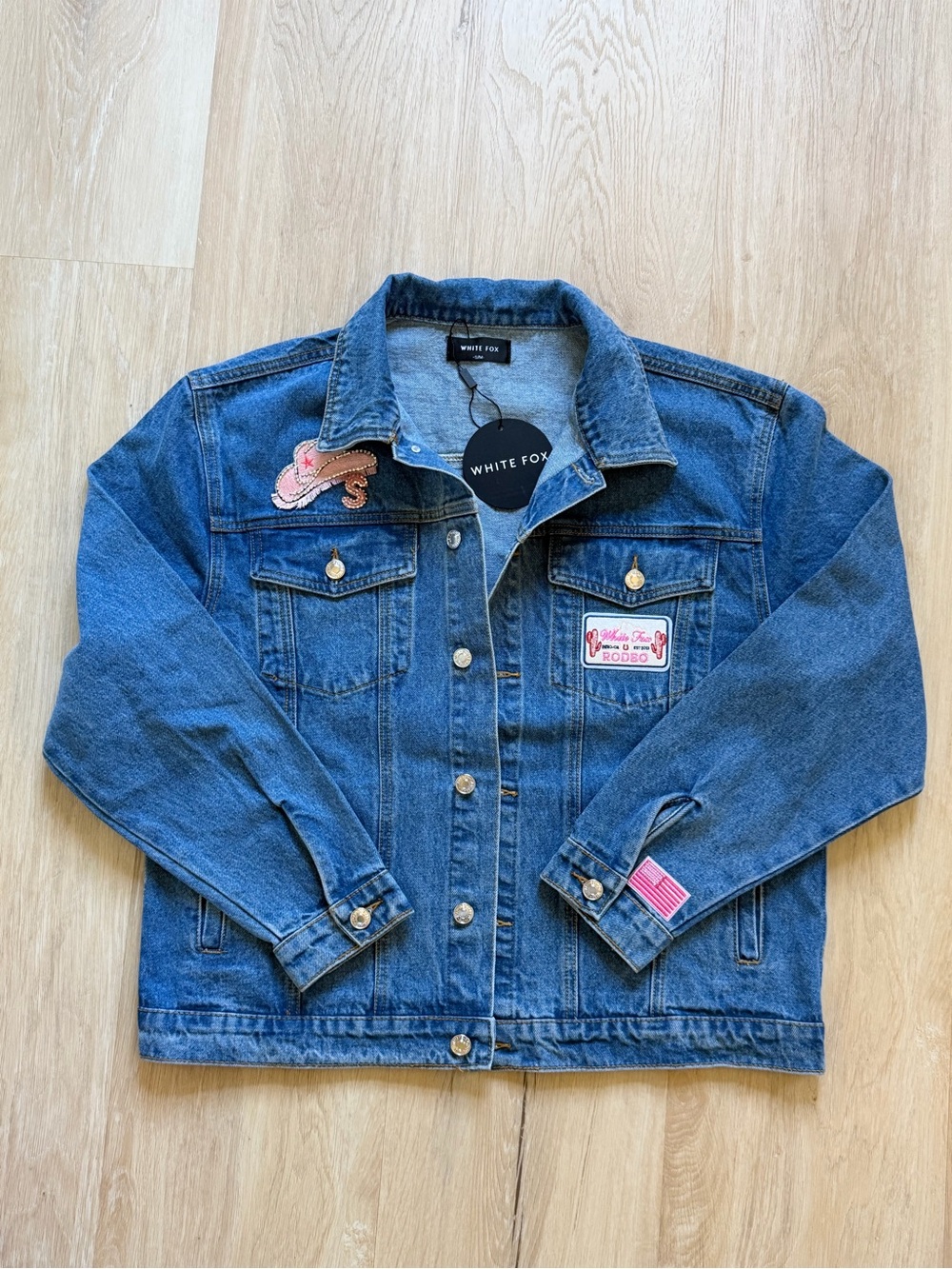 NWT White Fox Boutique Rodeo Denim Jacket Western Patches Size S/M